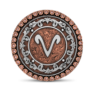 A custom belt buckle for women featuring a ranch brand or personalized logo in an antiqued circle-shaped copper base 